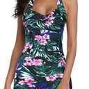 Women's Retro Halter Bathing Suits Vintage One Piece Swimsuit for Women Tummy Control Plus Boy-Leg Ruched Push up Swimsuit (12-14, Red Green Print)