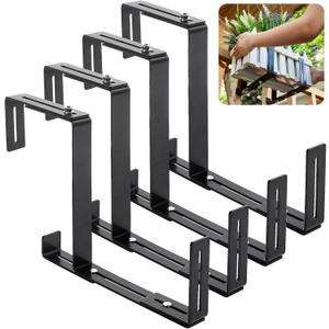 Cozcty 4 Pack Window Box Brackets, No Drill Adjustable Planter Box Brackets, Heavy Duty Deck Railing Planter Holders, Black Metal Flower Pot Hangers for Outdoor Gardens Balconies
