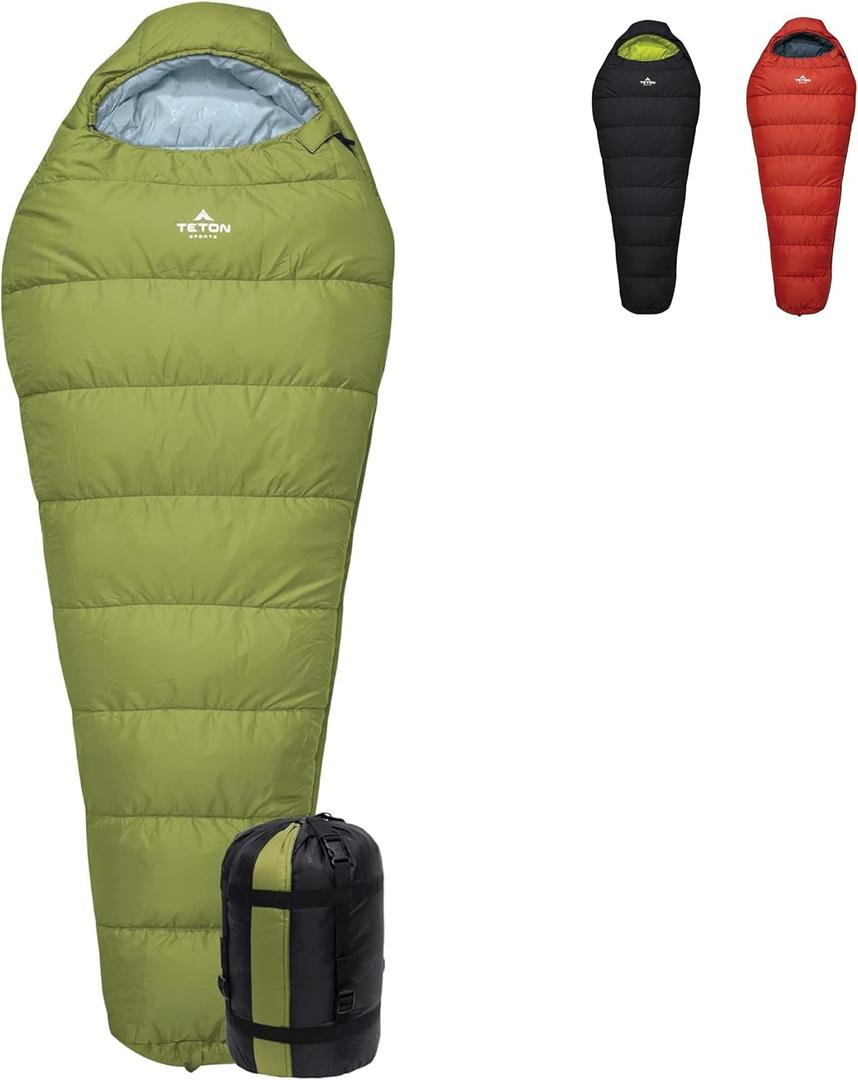 Teton LEEF Lightweight Mummy Sleeping Bag Perfect for Camping, Hiking, and Backpacking; Cold Weather Option, Compression Sack Included (0F Regular, Moss/Sky)