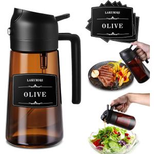 2-in-1 Glass Oil Dispenser & Sprayer - 16oz/470ml Leakproof Olive Oil Sprayer Bottle for Cooking, Air Fryer, BBQ, Baking, Salad (Black, 2 Pack)