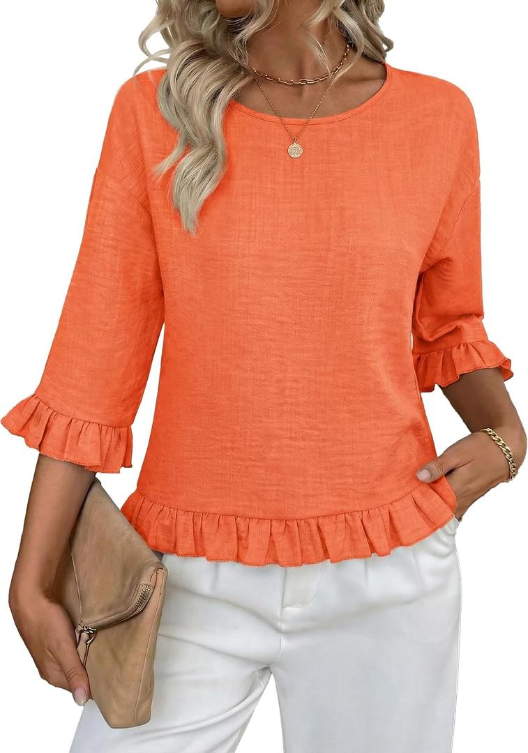 siliteelon Womens 3/4 Sleeve Tops Summer Tshirts Ruffle Flowy Crew Neck Dressy Casual Blouses 2026 Trendy Cute Work Outfits, Orange, S