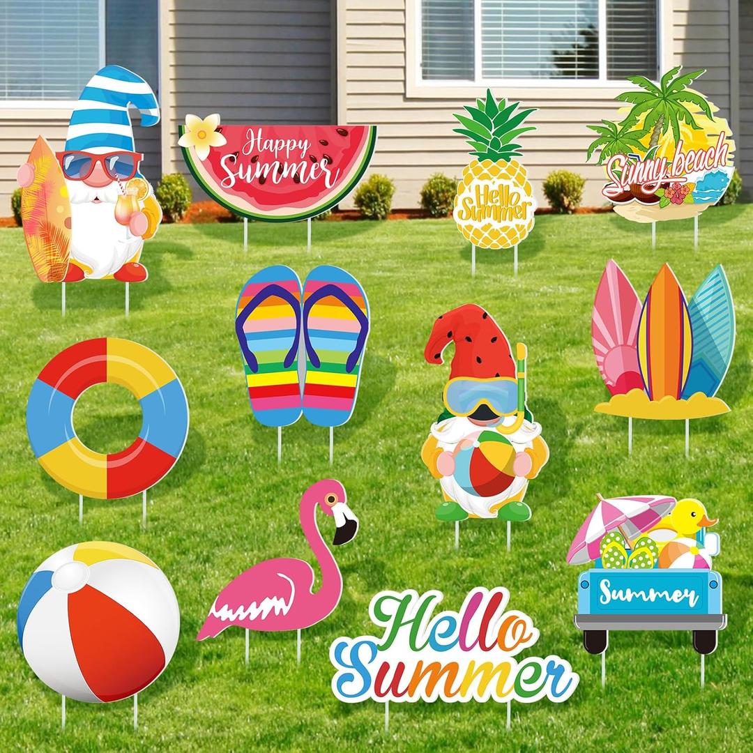 Vicenpal 12 Pcs Summer Outdoor Yard Decoration Garden Lawn Stake Signs with Stakes Waterproof Corrugated Outdoor Decoration for Summer Patio Lawn Walkway Party Decorations