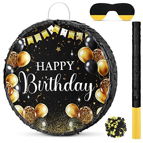 Sinmoe Birthday Piñata with Stick Blindfold and Confetti Large Piñata for Adult Men Women Birthday Party Supplies Decoration Wedding Anniversary(Black and Gold)