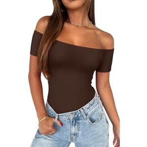 REORIA Women Sexy Off The Shoulder Short Sleeve Backless Basic Double Lined Thong Bodysuit Tops Small
