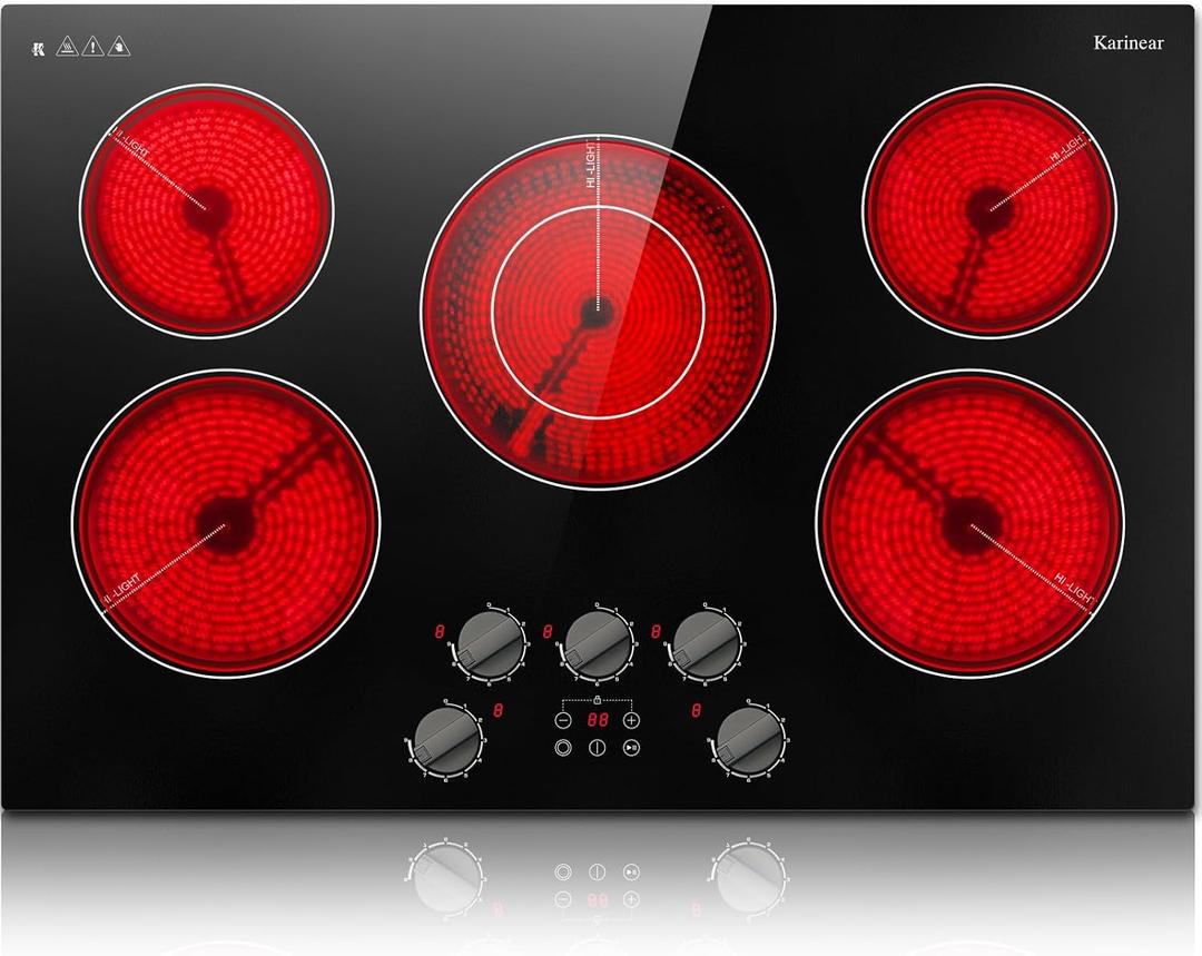 Karinear Electric Cooktop 30 Inch, 5 Burner Radiant Cooktop with Knob & Touch Control, 8500W 240V Built-in Stove Top, 9 Power Levels, Timer, Child Lock, Pause, Residual Heat Indicator (Black Knob)