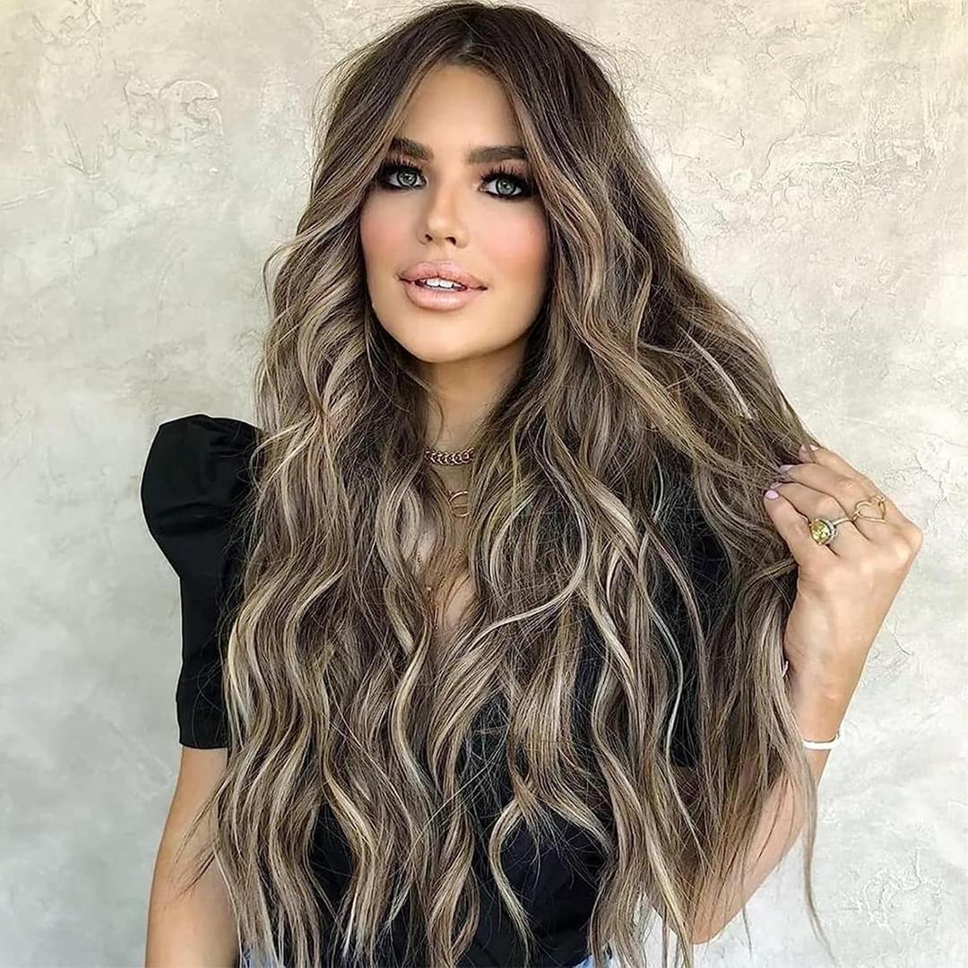 AISI QUEENS Long Wigs for Women Wavy Ombre Wig Middle Part Ash Brown and Bleach Blonde Curly Wigs Natural Looking Hair Replacement Wigs for Party Daily Use