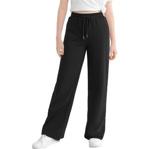 Girls Cotton Wide Leg Sweatpants High Waisted Lounge Baggy Joggers Straight Athletic Pants with Pockets Drawstring, Size M