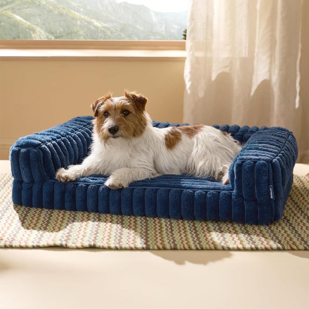 Bedsure ComfyFleece Orthopedic Dog Bed for Medium Dogs, Waterproof Memory Foam Medium Pet Beds with Sides, Non-Slip Bottom and Egg-Crate Foam Dog Couch Sofa with Washable Corduroy Cover, Blue (30.0"L x 20.0"W x 6.5"Th)