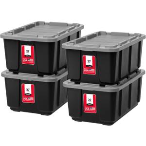 IRIS USA 4-Pack 27 Gallon Storage Bins with Lids |Made in USA| Heavy Duty Plastic Tote Containers for Truckbed Tool Box Organization, Large - Gray