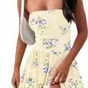 MEROKEETY Women's Summer Floral Strapless Tube Dress Boho Off Shoulder Ruffle Tiered Mini Sundress (Beige, L)