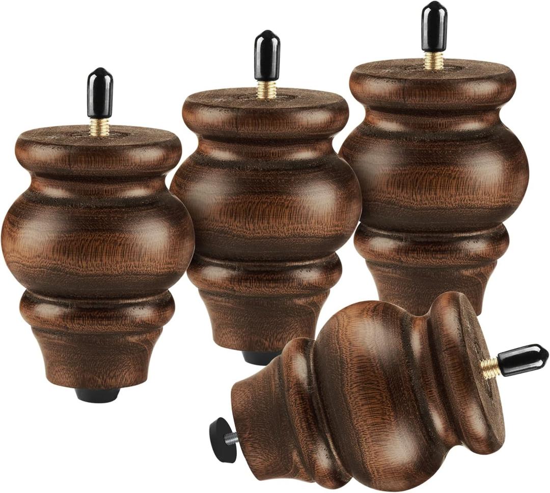 ALAMHI Round Wood Furniture Legs 3.5 Inch Gourd Shape Wood Sofa Legs with Adjustable Leveling Leg Replacement 5/16 inch Bolt for Cabinets,Coffee Table,Ottoman,TV Stand,Loveseat,Armchair Set of 4 Brown