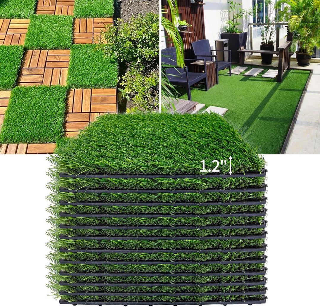 LVBAO Interlocking Artificial Turf Deck Tiles 9PCS Astro Turf Mat 12" X 12" Self-draining Dogs Potty Pet Squares Grass 1.2" Pile Height Indoor Outdoor Flooring Decor Pad