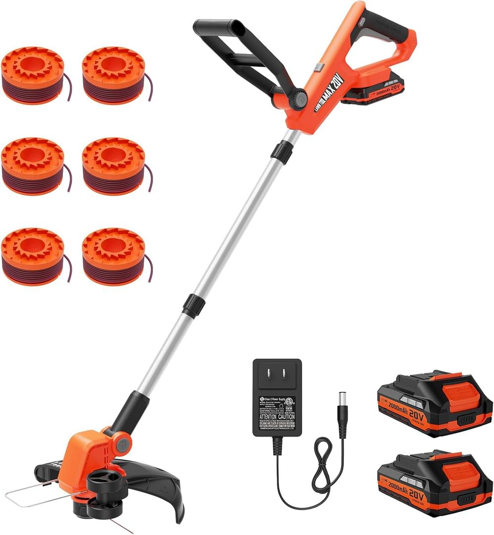 VARSK 20V String Trimmer Cordless, 12 Inch 2 in 1 Trimmer and Edger, Automatic Line Feed, Includes 2 X 2.0Ah Batteries/1 X Fast Charger/6 X Spare Spools, for Lawn, Garden, etc (Orange)