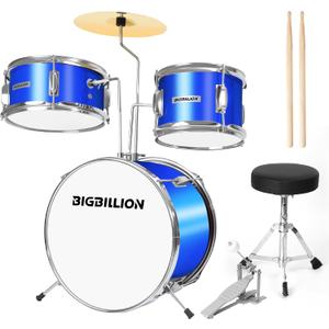 Kids Drum Set 14'' Beginner Kit Drum for Kids, 3-Piece Junior Drum Set with Bass Tom Snare Drum with Adjustable Throne, Cymbal, Pedal, Drumsticks (Blue)