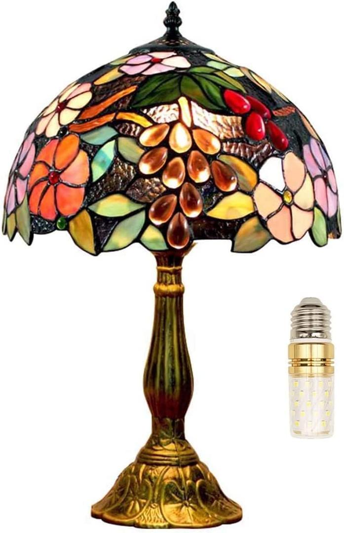 Tiffany Table Lamp Hand-Made Grape Rose Stained Glass Table Lamps Bedside Nightstand Lamp for Bedroom, Living Room, Home Office Desk Lamp,Home Deco Art,W/LED E26 Bulb,12X12X18Inch