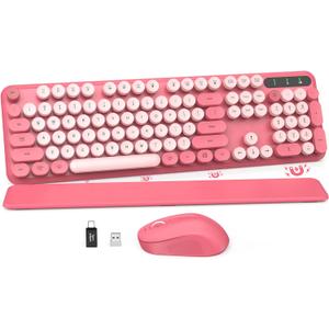 Wireless Keyboard and Mouse Combo - Round Keycaps, Full-Size Retro Typewriter Keyboard with Detachable Wrist Rest, Sleep Mode & Tilt Legs, 2.4GHz Cordless Connection for Mac/Windows/PC (Hot Pink)
