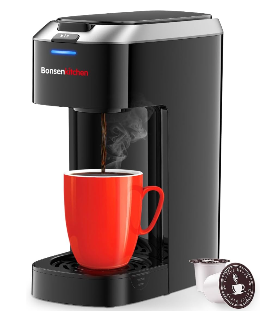 Bonsenkitchen Single Serve Coffee Maker K Cup Pod with 614oz Brew Size 3 Min Fast Brewing Machine with Strength Control, BPAfree Materials, Fits 6.6" Travel Mugs, Silver, Upgrade