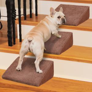 40D Dog Ramp for Stairs for Small & Senior Dogs and Cats – Non-Slip Stair Ramp for Dogs with Gentle Slope, Pet Ramp with Washable Cover & Self-Sticky Pads for Safe Climbing Easy Install(Brown, 3 Pack)