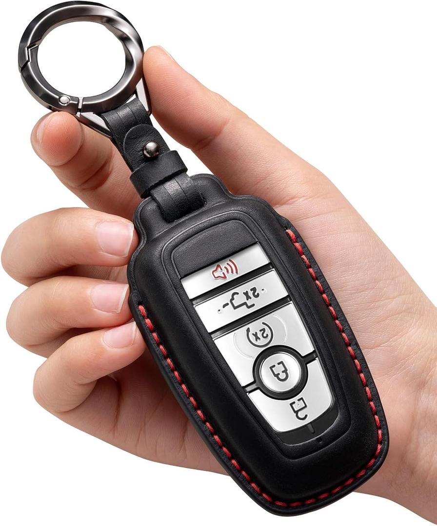 for Ford Key Fob Cover Leather Key Case Holder Keychain Compatible with Bronco F150 Explorer Mustang Escape Mach E F250 Truck King Ranch Expedition Accessories -Black