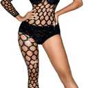 Kaei&Shi Rhinestone Fishnet Bodysuit,One Shoulder Sheer Mesh Jumpsuit,Exotic Dancewear,Sexy Glitter Rave Outfits For Women (Black)