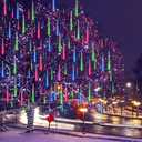 Meteor Shower Lights UL Certified 192LEDs 8 Tubes Falling Rain Drop Christmas Icicle Cascading Lights for Xmas Tree Halloween Decorations Wedding Party Holiday Garden Decor, Multicolor