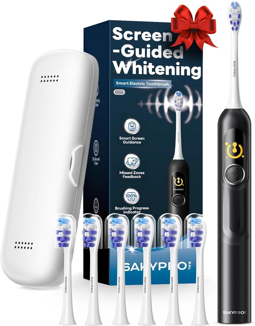 SAKYPRORAL Electric Toothbrush with AI Smart Screen for Adults Kids Teens | 6 Brush Heads | 150-Day Battery, Real-Time Brushing Map | 5 Whitening Modes, Travel Case | Sonic Toothbrush (Black)