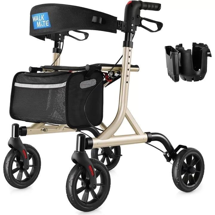 Rollator Walker for Seniors with Cup Holder, Upgraded Thumb Press Button for Height Adjustment, 4 x 8 Wheels Walker with Seat Padded Backrest Folding Lightweight Walking Aid, Beige