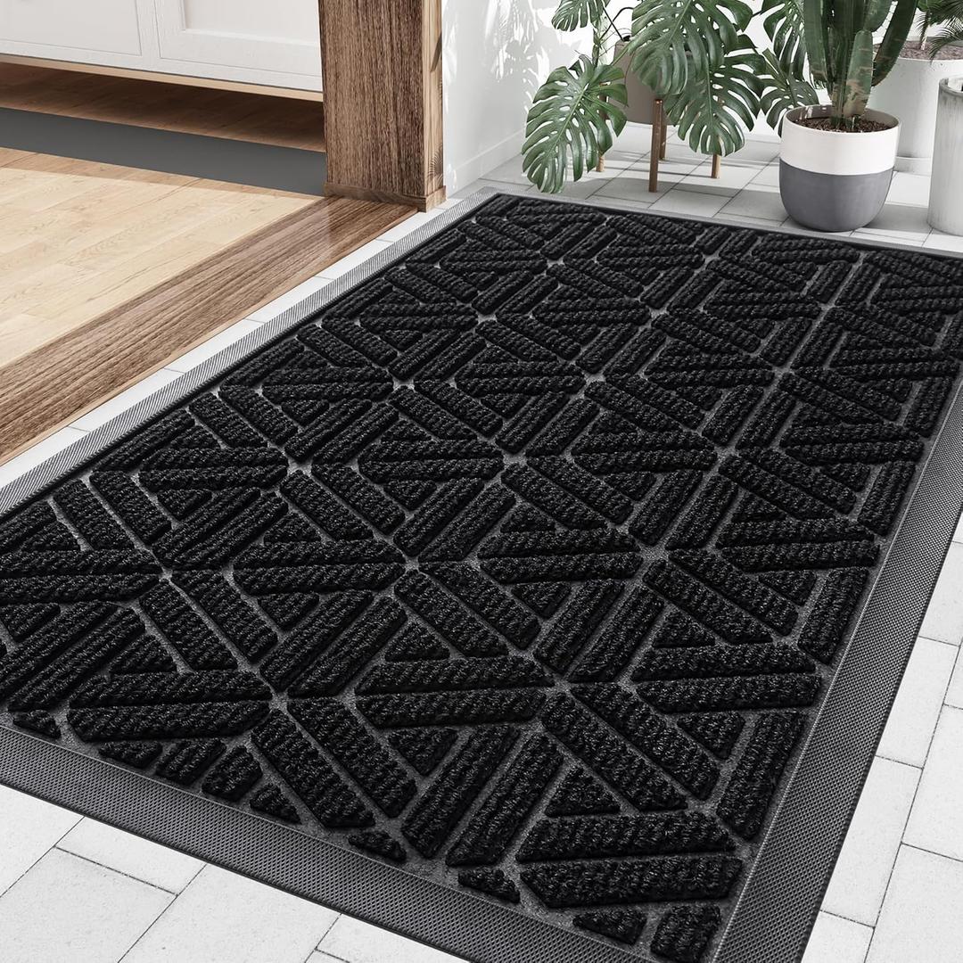 Smiry Front Door Mat Outside Entrance, Heavy Duty Sturdy Natural Rubber Doormat, Trap Dirt and Moisture, Easy Clean Low Profile Mats for Indoor Outdoor Entry, Grid Geometric (29.5x17, Black)