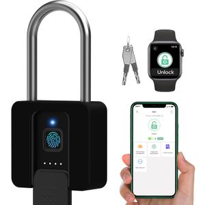 Fingerprint Lock, 2.7'' Long Shackle Heavy Duty Outdoor Padlock with Fingerprint Key Bluetooth APP, Weatherproof Biometric Electronic Gate Lock with Protective Shell for Fence Shed Gym Yard