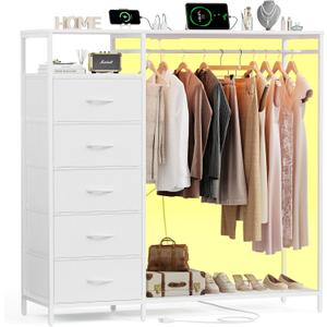 47 Inch White Dresser with LED Lights & Hanging Rack, 5 Drawer Fabric Dresser with Charging Station and Shelves, Tall Closet Organizer for Bedroom Clothes Storage