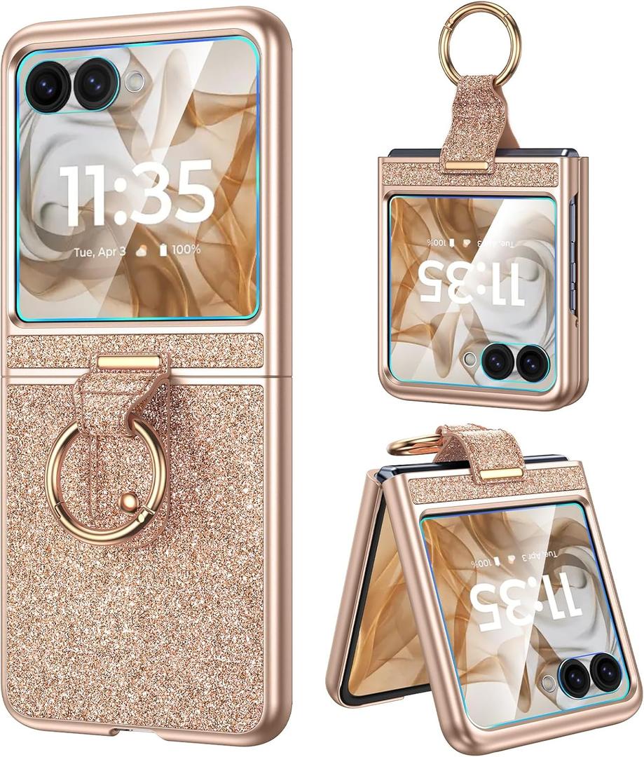 Caka Bling Case for Motorola Razr 2024/2025 Case [NOT for Plus or Ultra], with Finger Ring Holder & Built-in Screen Protector, Slim Thin Protective Phone Cover for Moto Razr 2024 & 2025 - Rose Gold