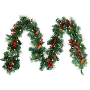 9ft Pre-Lit Artificial Christmas Garland,Christmas Tree Garland,Xma Tree Garland with Lights,Decorated with Pine Cones, Berry Clusters, Plug in, Christmas Collection,