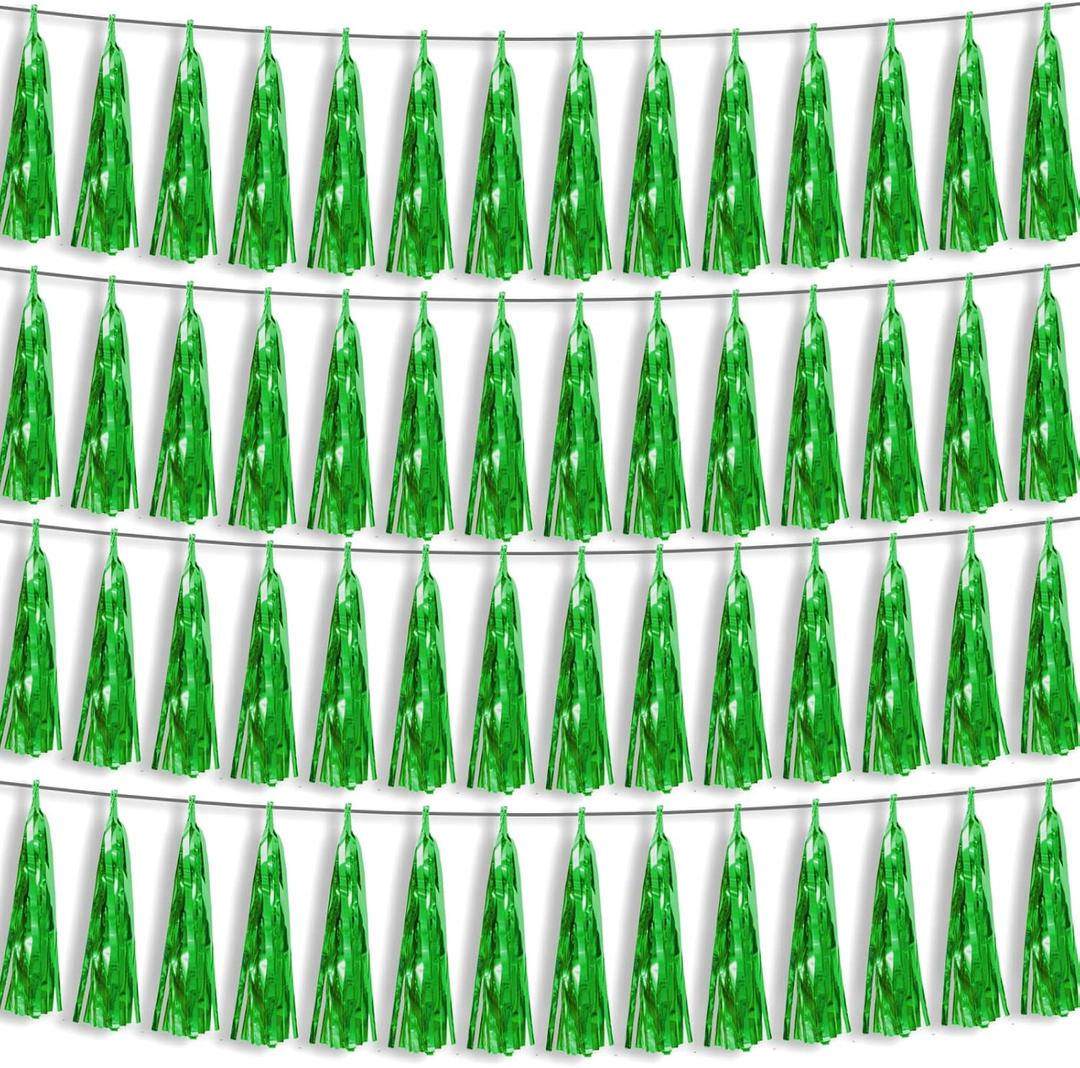 4P Green Foil Fringe Metallic Streamers Banner Tassel Garland for Parade Floats, Bachelorette, Wedding, Birthday, Halloween, Christmas, Bridal/Baby Shower Party Decorations