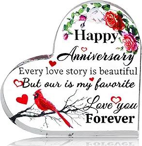 Ewong Happy Anniversary Romantic Gift for Women, Acrylic Heart with Flower and Cardinal, Wedding Anniversary Keepsakes for Wife Husband Couple Lover Girlfriend Boyfriend Him or Her (Anniversary- Red)