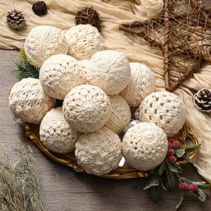 Syhood 12 Pcs Farmhouse Crochet Christmas Ornaments 4 Styles 2.36" Handmade Vintage Rustic Crochet Knitted Christmas Ball Ornaments for Xmas Tree Party Decoration Supplies (Warm White)
