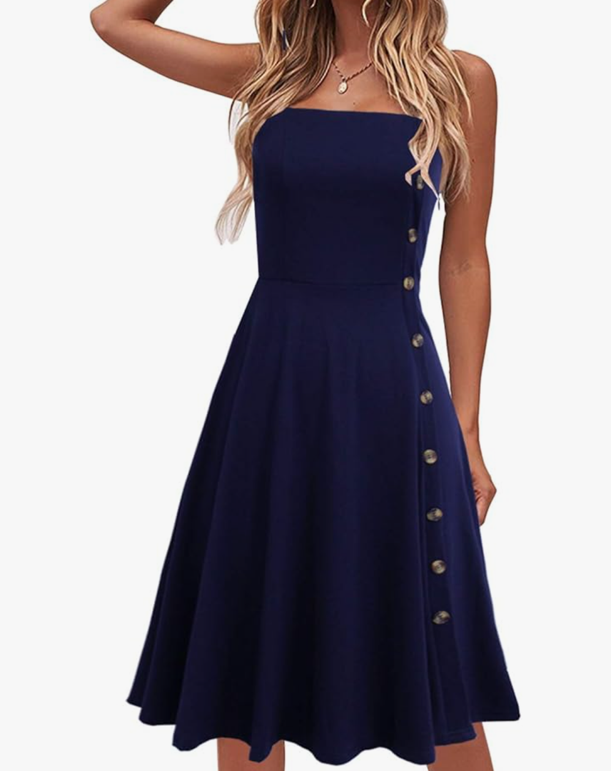 Women's Casual Summer Beach Flattering Flowy A-Line Spaghetti Straps Solid Cotton Button Down Midi Sundress,M