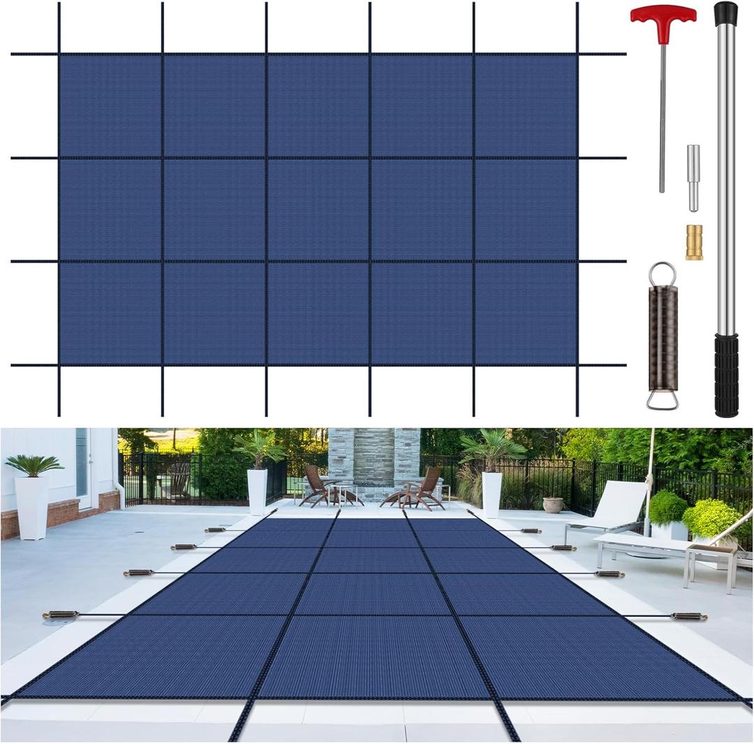 Inground Pool Cover Safety Fits Rectangle Swimming Pool, Mesh Solid Pool Cover for Inground Pools,Winter Pool Safety Cover Includes Safety Net and Installation Tools Blue (Blue, Fits 18x36ft Pools)