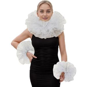 Renaissance Victorian Ruffle Collar and Wrist Cuffs Set Organza Colonial Clown Choker Neck Collar Cuff (White)