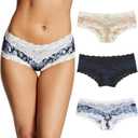 Maidenform Cheeky, Lace Hipster Panties, Sexy Underwear for Women, 3-Pack (Small, Latte Lift/Navy Black/Denim Print)