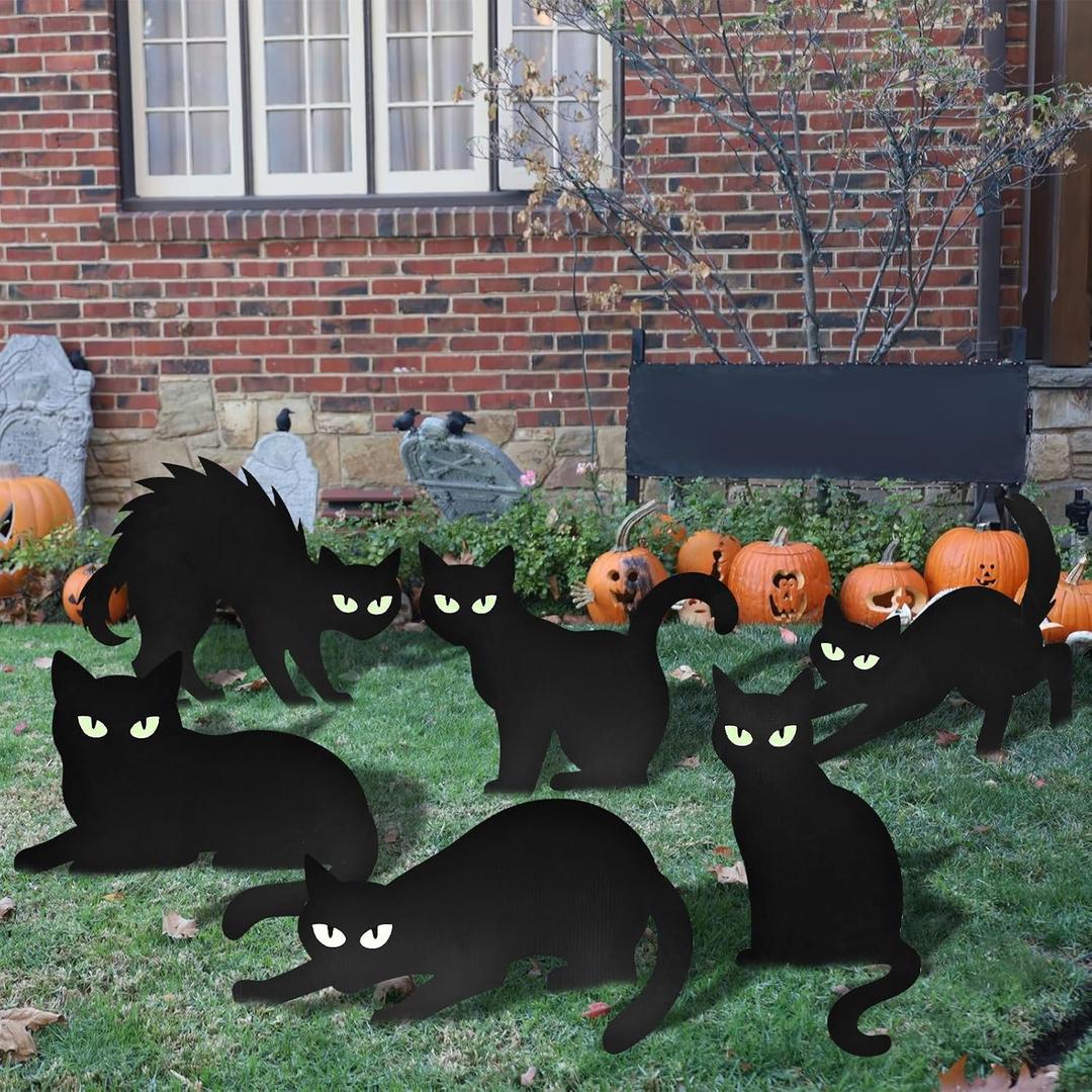 6 Pack Halloween Black Cat Yard Signs with Glowing Eye Stickers  Large Scary Cat Silhouette Decorations for Outdoor Lawn, Fence, Garden, Haunted House, Halloween Party Decor