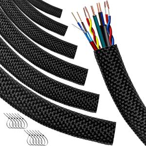 Automotive Wire Loom High Temperature Braided Wire Loom, Split-Sleeve Heat Resistant Wiring Loom Cord Cover for Harness Wires, Self-Wrapping Heavy Duty Sheathing Cable Management Black16ft-1inch