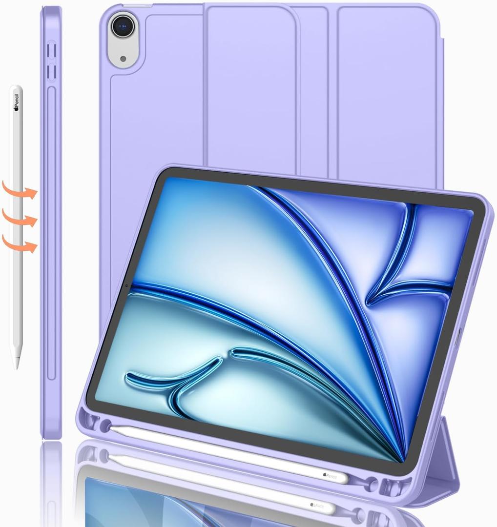 iPad Air 11 Inch Case M3(2025) / M2 (2024), iPad Air 5th/4th Generation Case 2022/2020 10.9 Inch with Pencil Holder,Trifold Stand Smart Case with Soft TPU Back(Light Purple)
