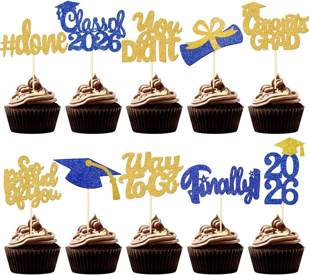 FoldTier Graduation Decorations 2026 100 Pcs Graduation Cupcake Toppers Congrats Grad Class of 2026 Cupcake Picks Toppers Diploma Supplies for Party Decorations(Blue, Gold)
