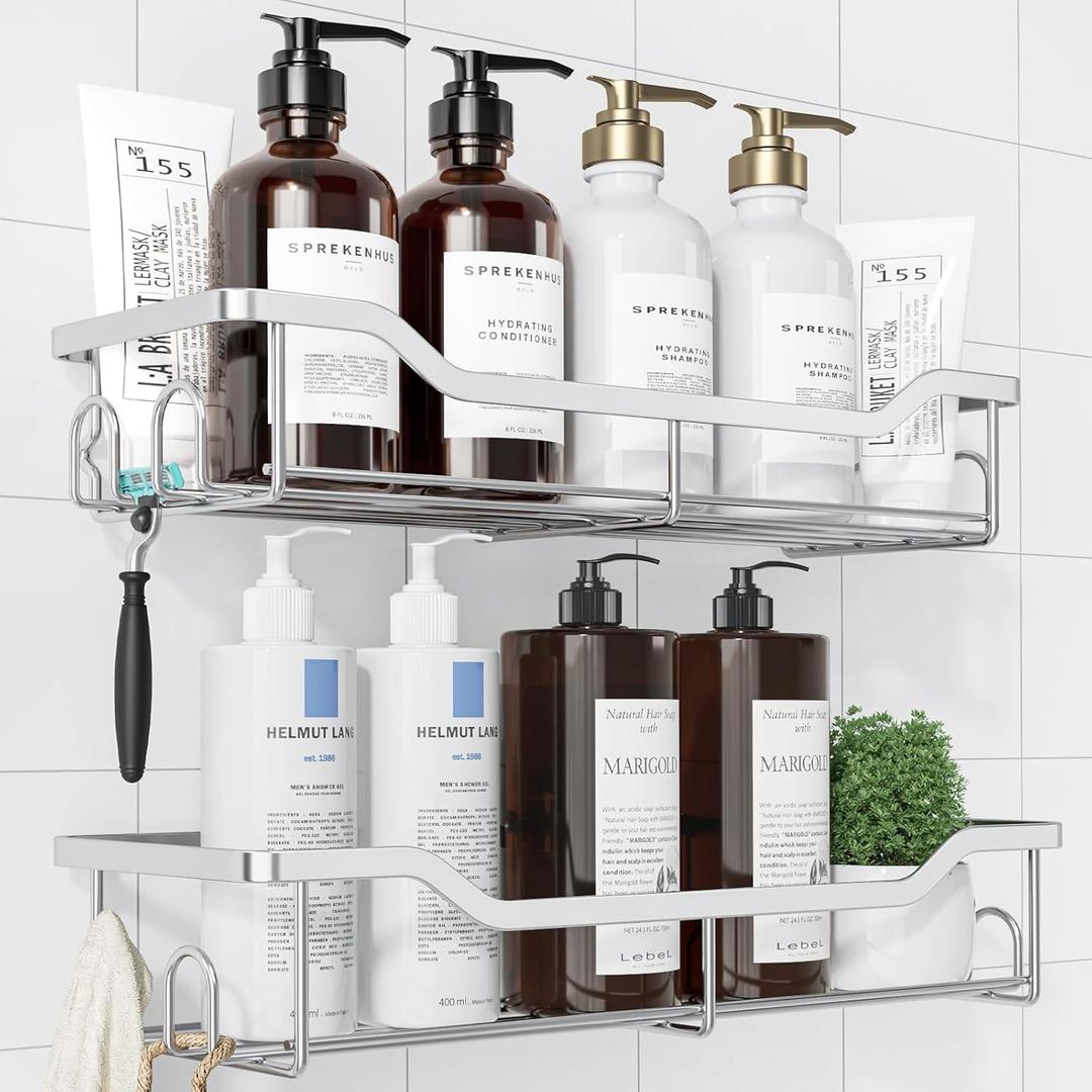  Shower Caddy Large - Adhesive Shower Organizer, Stainless Steel Shelf for Inside Shower, No Drill Bathroom Organizers and Storage, Home Decor Accessories, 2 Pack, Sliver