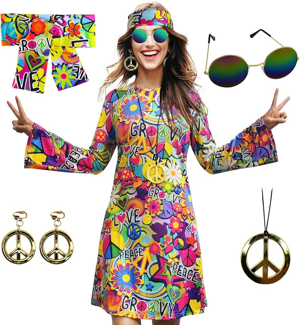 70s Hippie Dress Costumes Necklace Earrings Sunglass Women Disco Outfit, 60s Party Costume, Halloween Retro Dresses (Medium, Love and Peace)