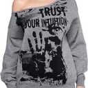 GORGLITTER Women's Off The Shoulder Sweater Gothic Clothes Y2k Graphic Oversized Cozy Chunky Knit Sweaters Streetwear Dark Grey Large (Gray, L)