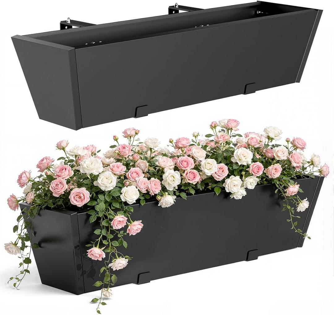 2PC Railing Planter for Outdoor Plants 36 Inch Metal Hanging Planters Pots with Adjustable Brackets and Drainage Railing Planter Boxes Hanging Flower Pots for Balcony Deck Railings Apartment Patio Dec