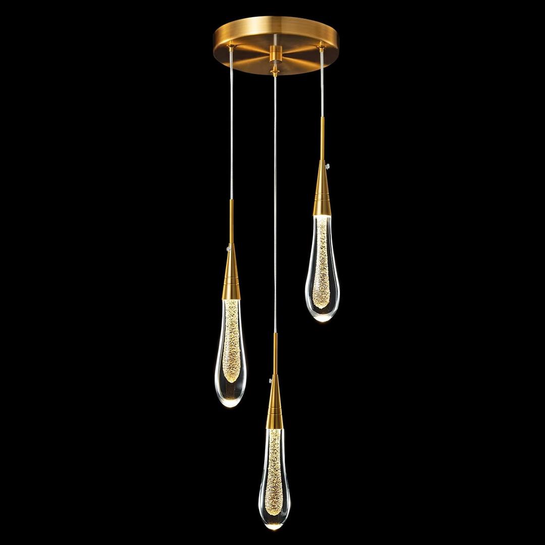 LMQNINE Kitchen Light Fixtures Ceiling Dimmable LED Modern Gold Pendant Light Mini Teardrop Crystal Pendant Light for Kitchen Island Bedroom Hallway Entryway (3-Light)