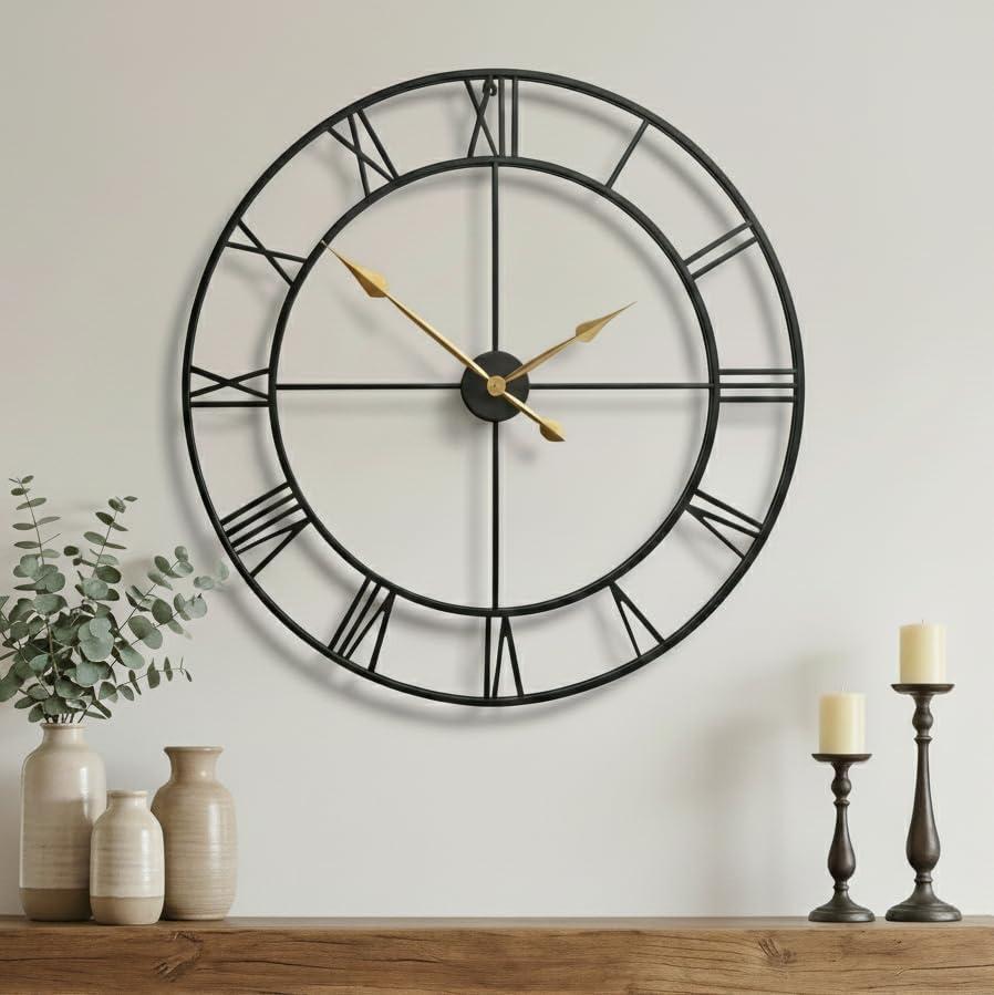 Zabiki 20 Inch Large Wall Clock Modern, Roman Vintage Farmhouse Decorative Black Metal Wall Clock for Living Room Decor, Xmas, Birthday Gift