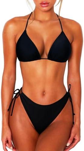 OZICERD 2 Piece Bikini Sets for Women Halter Triangle Bikini Tops Brazilian String Swimsuit Full Coverage Bottom Bathing Suit M